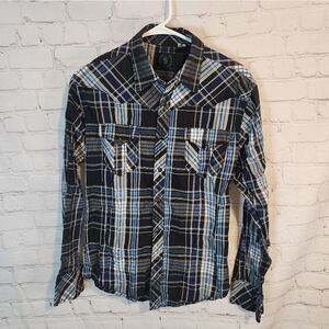 Men's Indigo Star Blue and Black Plaid Pearl Snap Shirt, Size Medium